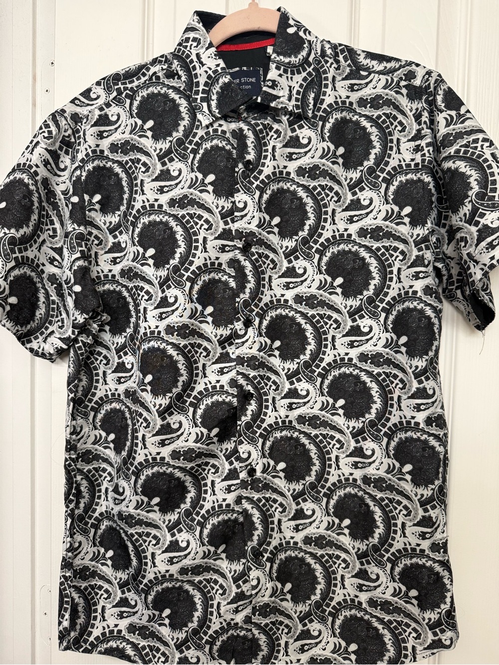 Silver Stone Collection Blk & Wht Paisley Short-Slv Button-Down Shirt Med (215)